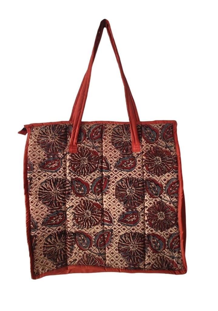 KALAMKARI Handcrafted Quilted Cotton Tote Bag with Floral Print and Zipper Closure view 2
