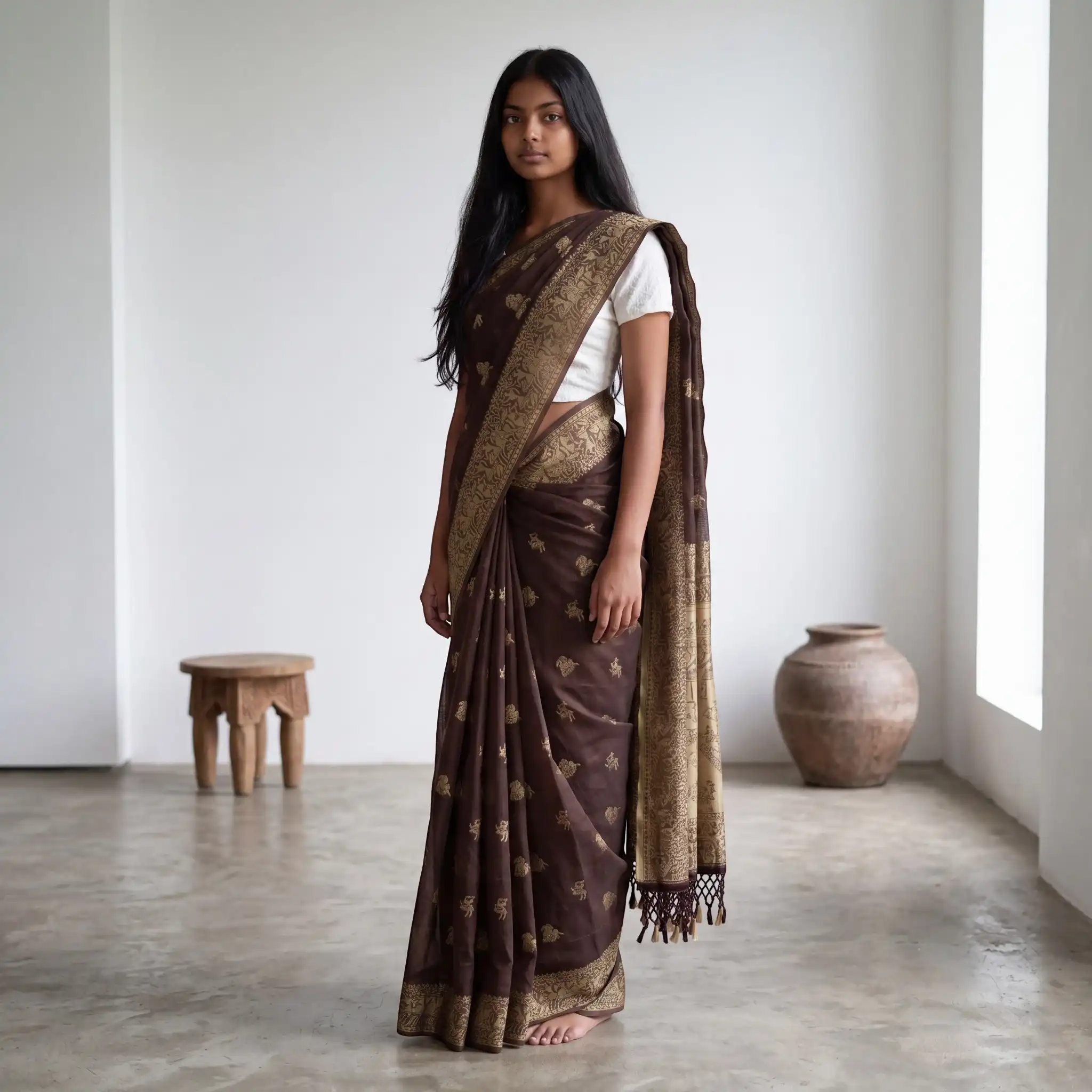 Brown Sambalpuri Baandha Ikat Handloom Cotton Saree with Blouse view 2
