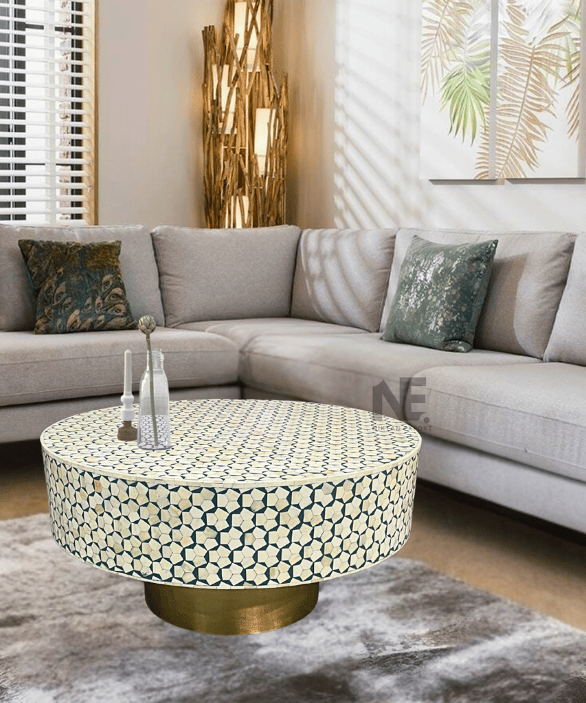 Bone Inlay Round Coffee Table | Handmade Center Table | Black & White Accent Furniture | Niktan Export view 2