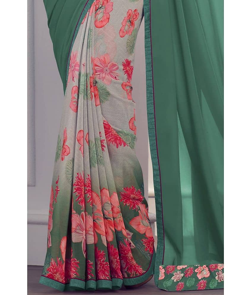 BLEESBURY Georgette Printed Saree With Unstitched Blouse Piece ( Mint Green ) view 2