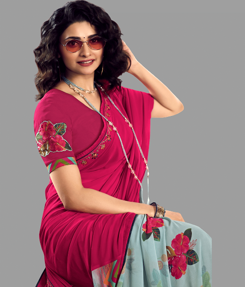 BLEESBURY Georgette Printed Saree With Unstitched Blouse Piece ( Pink ) view 2
