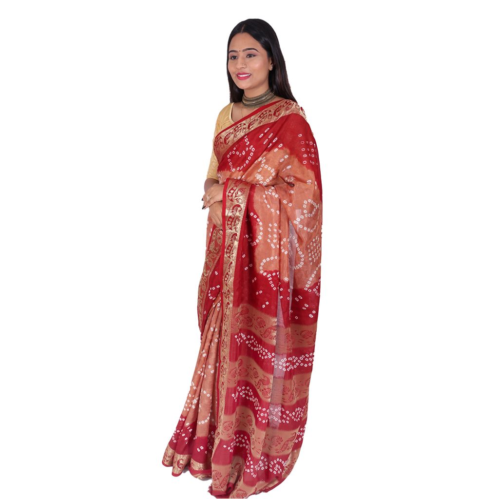 Tribes India Handwoven Terracotta Brown and Maroon Bandhej Saree view 2