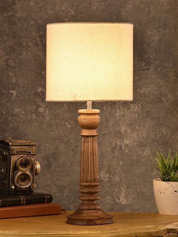 Green Girgit Pillar Brown Lamp With White Cotton Shade view 2