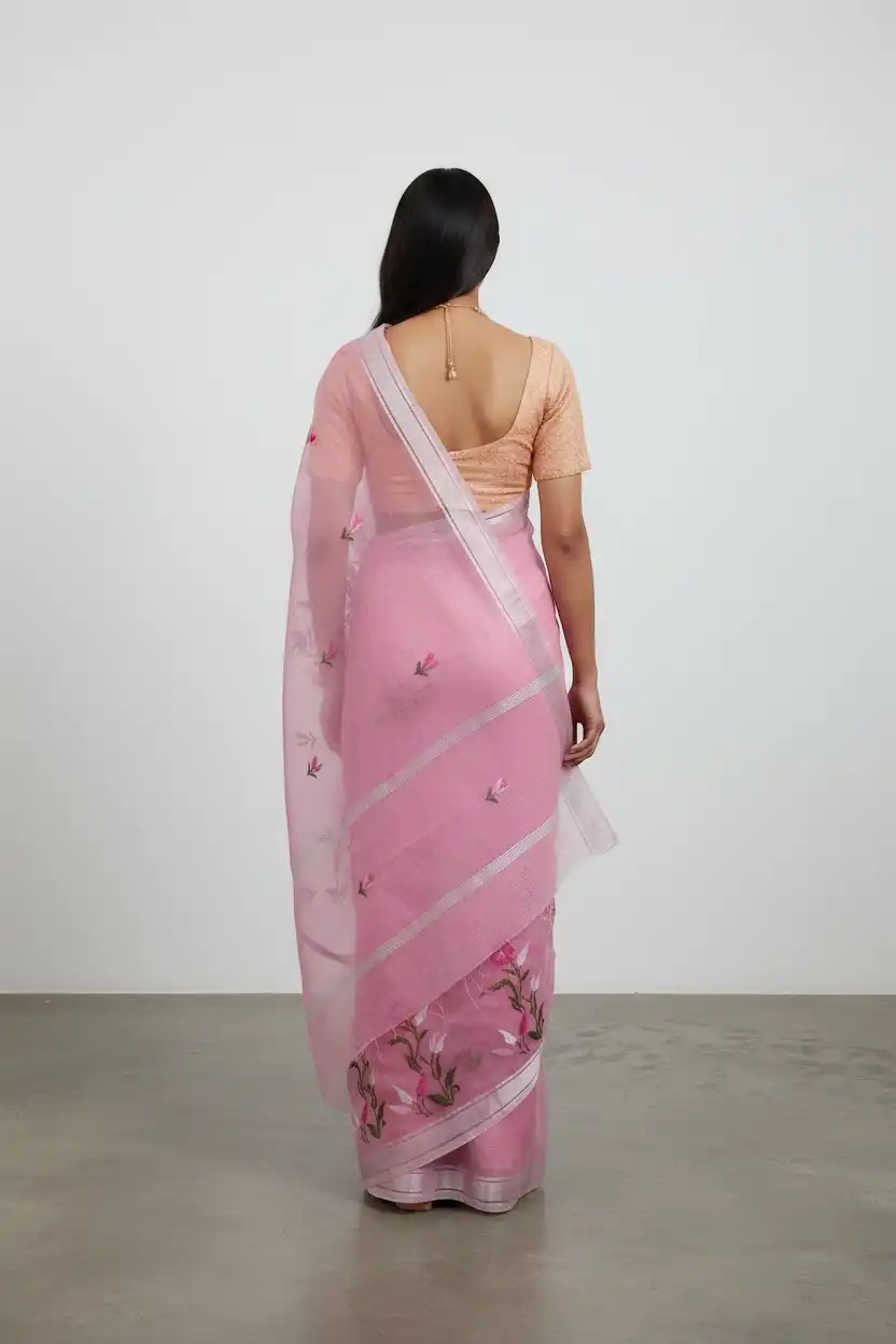 Rose Pink Kota Doria Cotton-Silk Saree with Block-Printed Florals view 2