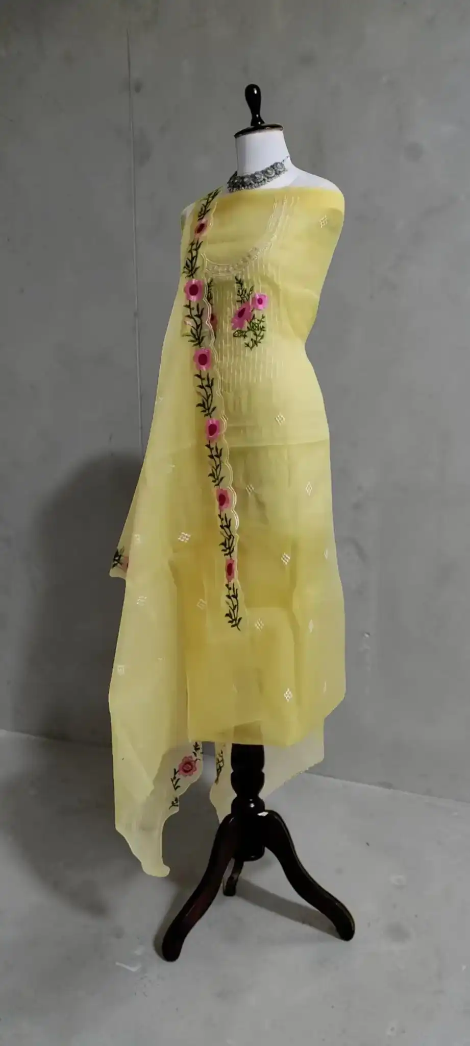Kota Doria Handloom Dress Material in Lemon Yellow with Floral Border view 2