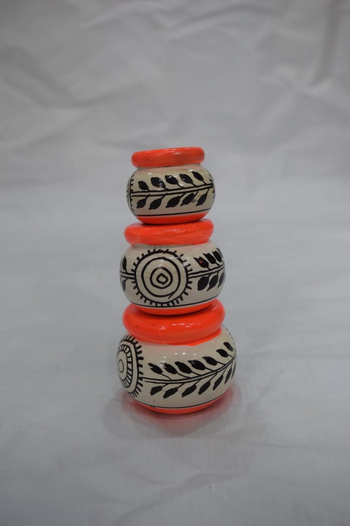 Handcrafted Mini Wooden Pot Set (Set of 3) | Hand-Painted Decorative Mini Matka | Traditional Miniature Pots for Home D�cor, Crafts & Gifting view 2
