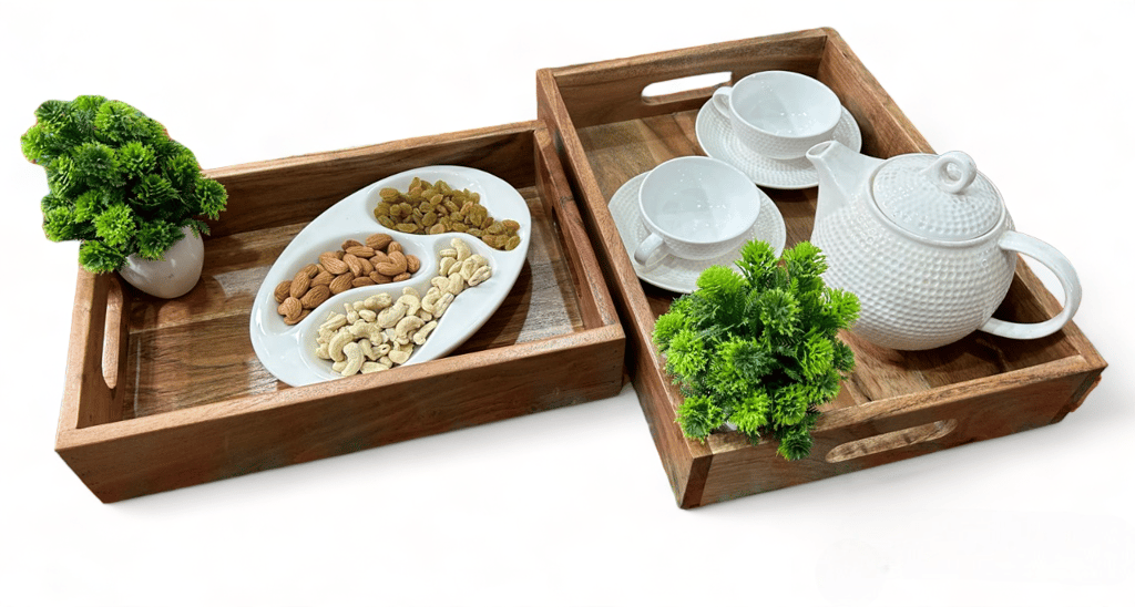 Dwisha Wooden Serving Trays Modern Style With Cutout Handle Large and Medium Wooden Trays For Breakfast - Natural Wood And Brown view 2