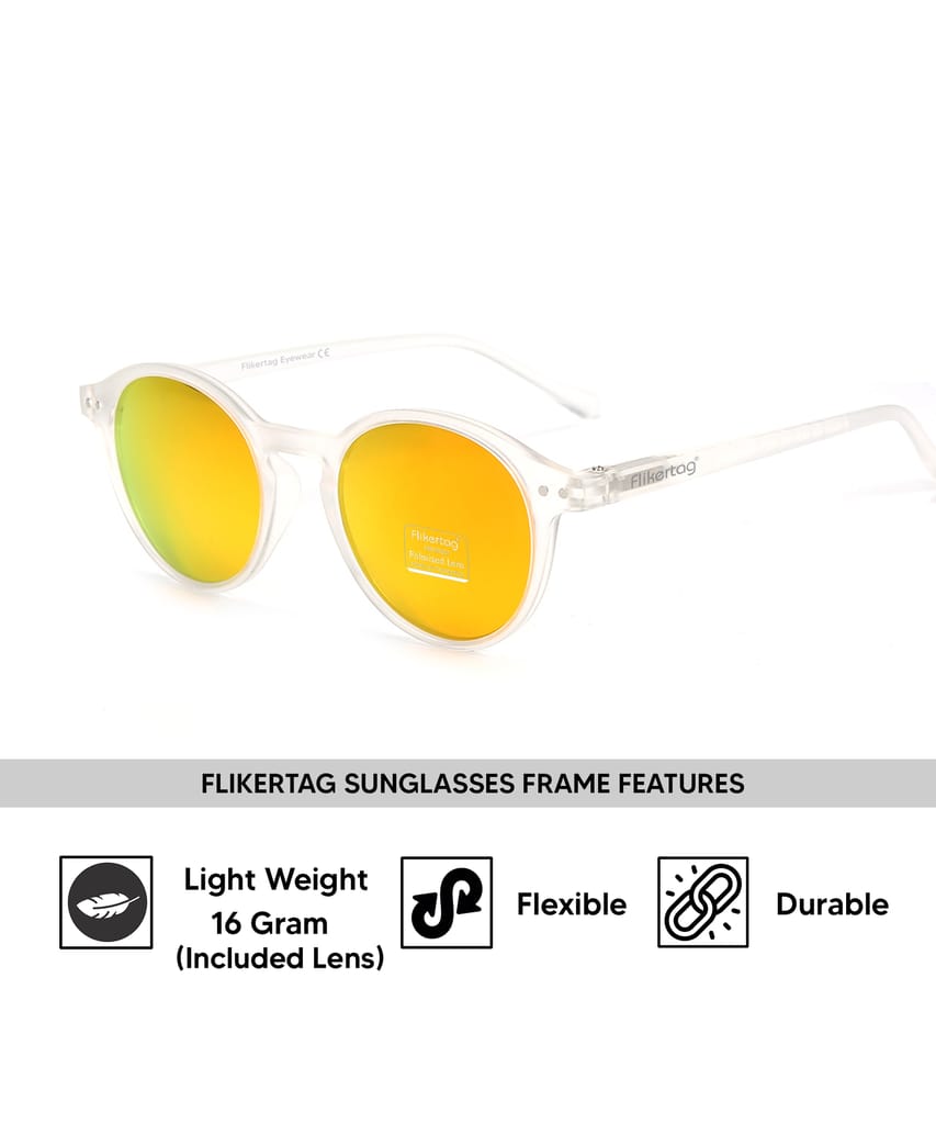 Flikertag Polarized Sunglasses With UV Protection For Men & Women | HD vision with Orange Lens [FTS 565 F3 Round Matte Transparent Frame with Orange lens, 50mm] view 2