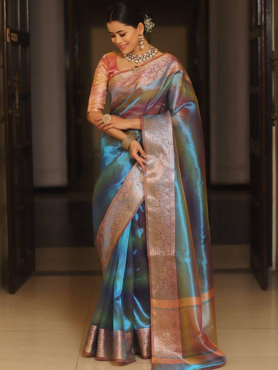 Banarasi Tissue Silk Saree in Two Toned Shaded Designer Wedding Saree view 2