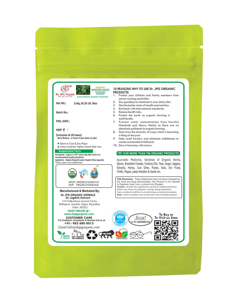 Dr. JPG Organic Nirgundi Leaves Powder For Joint Pain-114g / Vitex Negundo/INDIA ORGANIC Certified / (114g Pack Of 2) view 2