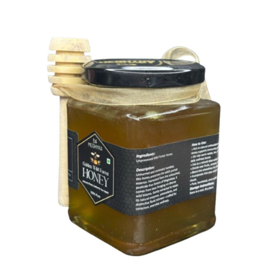 MEGHYRA GOLDEN WILD FOREST HONEY - 300 gm - One glass jar with wooden dipper view 2