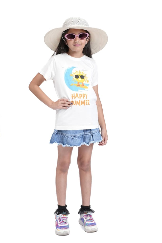 KUCHU Kids Graphic Printed T-Shirt | Happy Summer | Cotton Modal Fabric | Soft & Skin-Friendly | Everyday Casual Wear for Boys & Girls (in, Age, 10 Years, 11 Years, Regular, White)