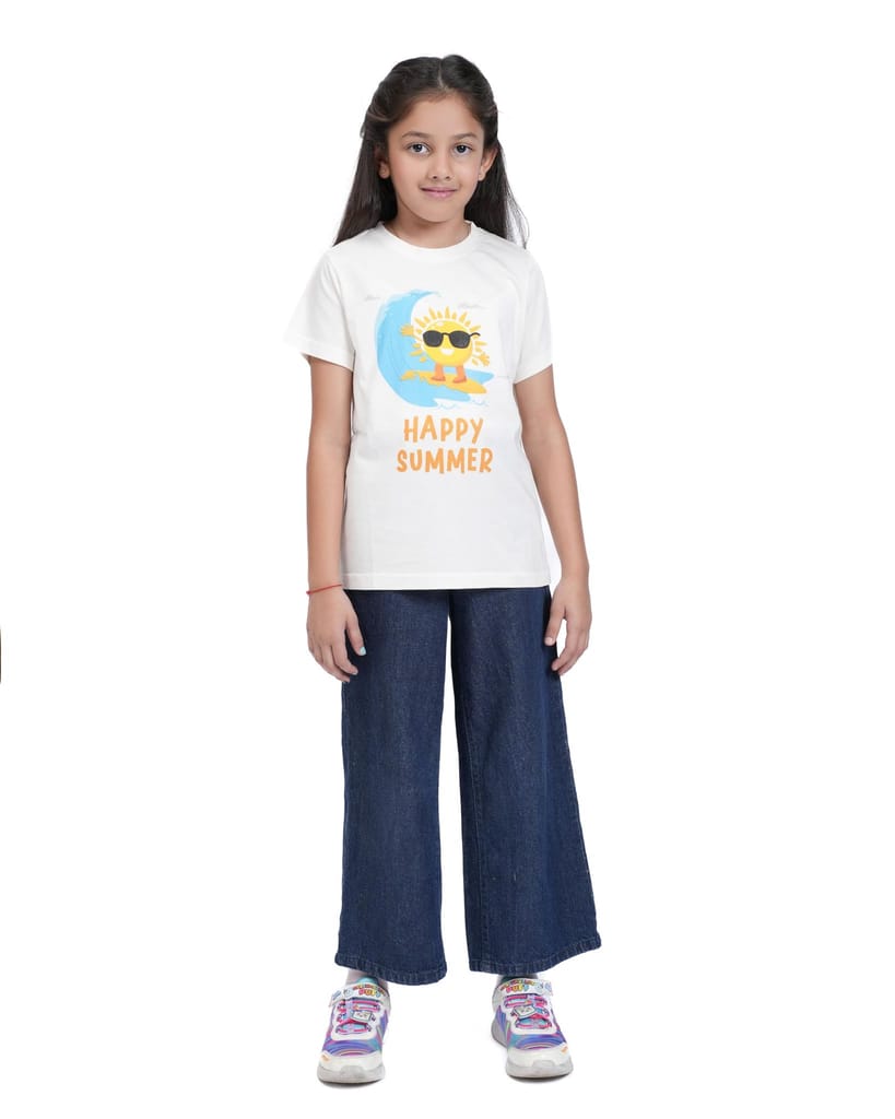KUCHU Kids Graphic Printed T-Shirt | Happy Summer | Cotton Modal Fabric | Soft & Skin-Friendly | Everyday Casual Wear for Boys & Girls (in, Age, 10 Years, 11 Years, Regular, White) view 2