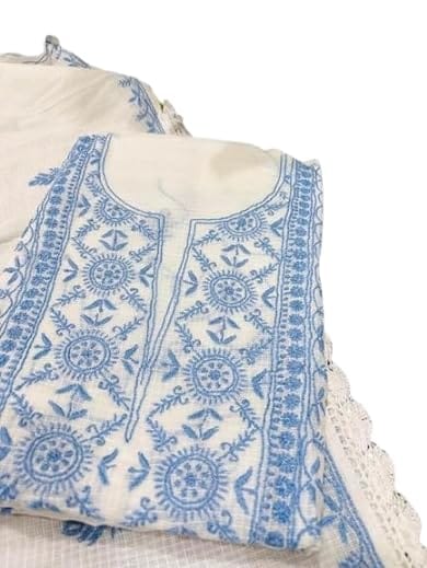 TULIP Traditional Artisians' Upliftment Livelihood Program Hand Embroidered Kota Dori Cotton Kurti Fabric Set � White with Blue Thread Work | Ethnic Women�s Unstitched Dress Material...