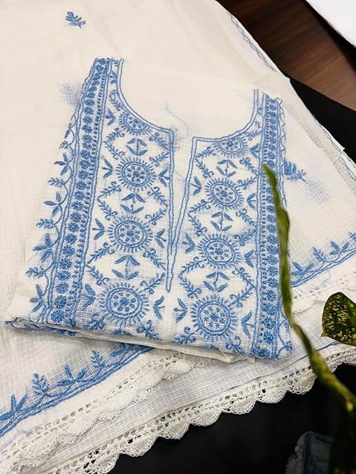 TULIP Traditional Artisians' Upliftment Livelihood Program Hand Embroidered Kota Dori Cotton Kurti Fabric Set � White with Blue Thread Work | Ethnic Women�s Unstitched Dress Material... view 2