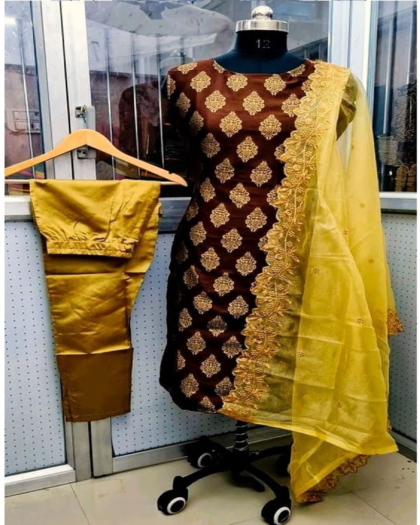 MyCOST Zari Weave Jacquard Festival wear Kurta Pant Dupatta Set, Sleeves attached