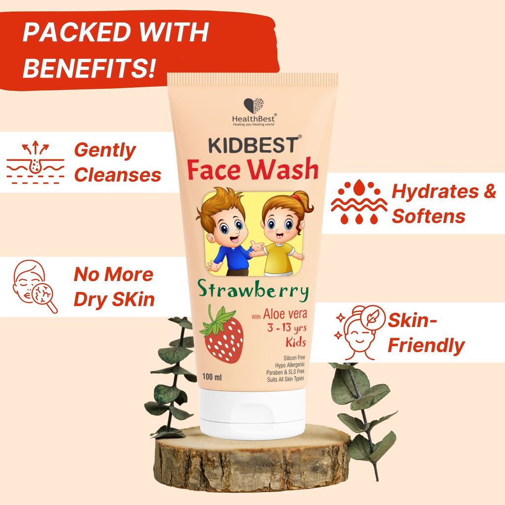 HealthBest Kids Face Wash 100ml with Organic Strawberry - Natural, Non Toxic & Safe - For Normal, Oily & Combination Skin - Tear-Free, Paraben-Free, SLS-Free - Nourishing & Brightening Daily Cleanser view 2