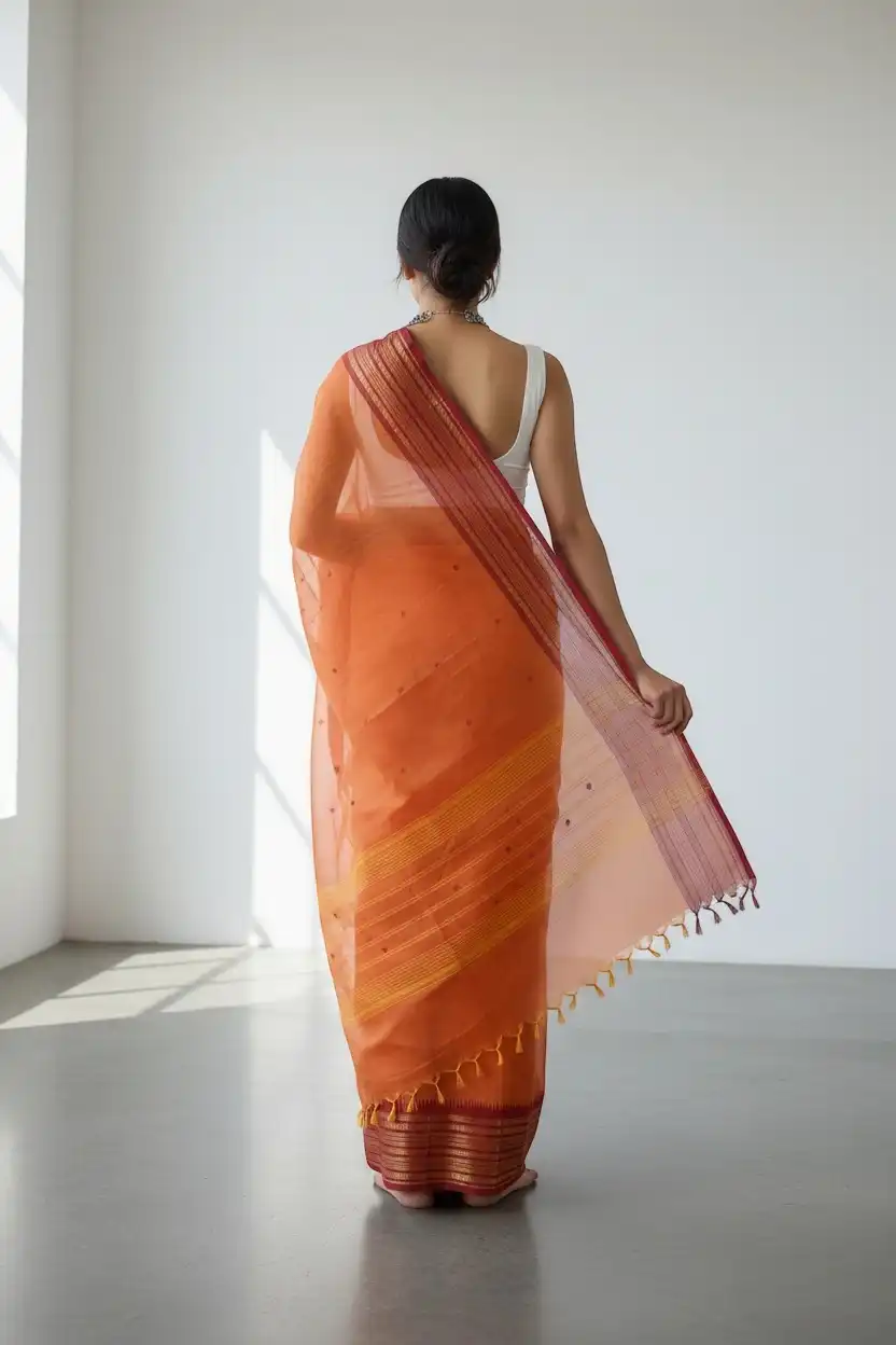 Handwoven Kanchipuram Cotton-Silk Saree in Orange with Golden Border view 2