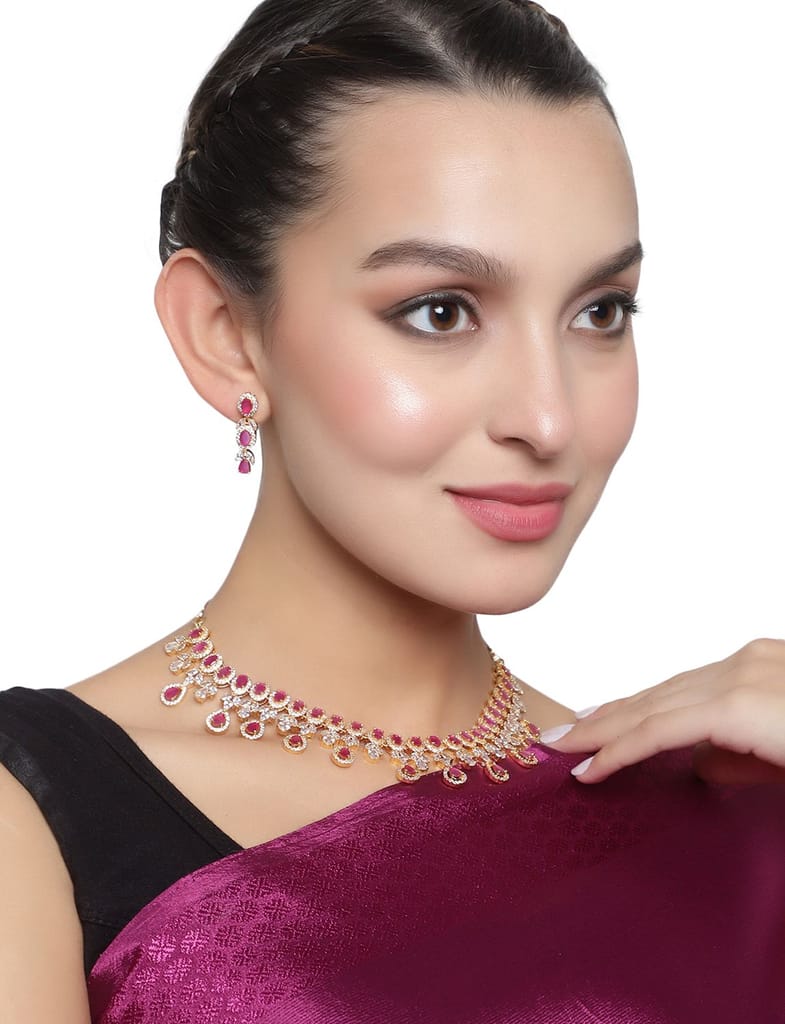 Cardinal American Diamond Gold Plated Ruby Color Stone Choker Necklace Set view 2