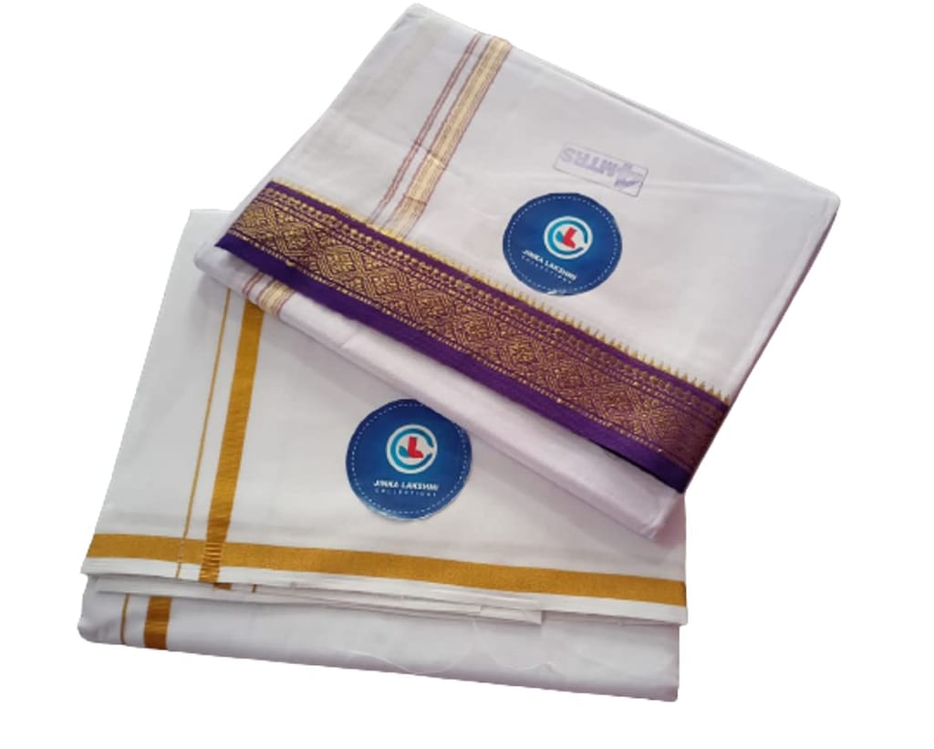 Jinka Lakshmi Collections Handloom Cotton White Dhoti 4 Meters Unstitched Pack of 2 (Multicolor-3) view 2