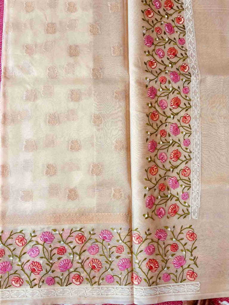 Organza Heavily embroidered floral border view 2