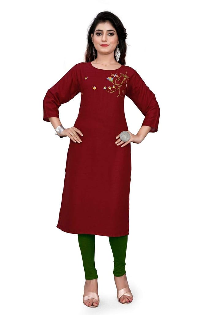 STYLEOO Rayon Embroidered Kurti for Women's Combo Pack (Pack of 2) (Maroon and Green) (M, L, XL, XXL) view 2