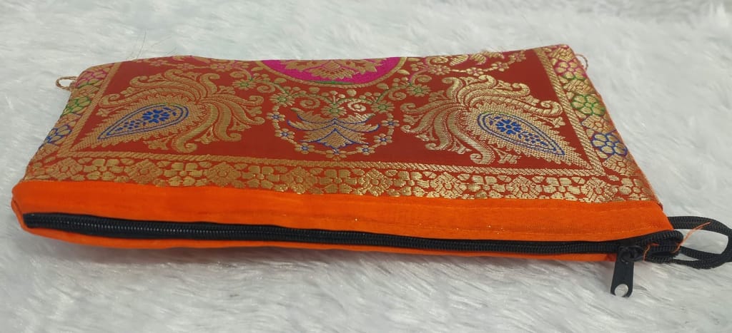 Traditional Orange Brocade Ethnic Pouch with Tassels view 2