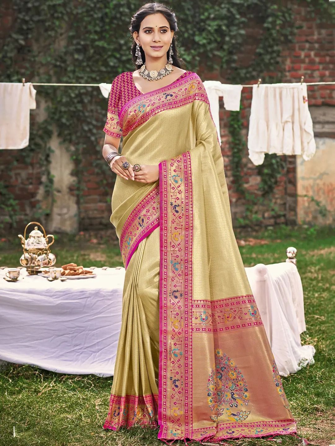 Cream Paithani Silk Saree view 2