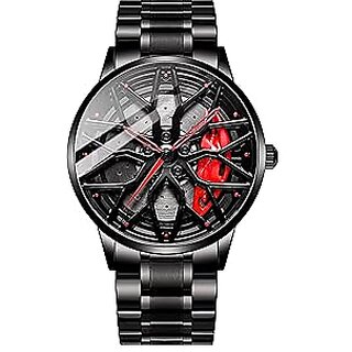 Spinning Car Wheels Gyro Men's Sport Watch Rotating Wheel Red Dial Metal Strap Analog Luxury Watches for Boy's and Men view 2
