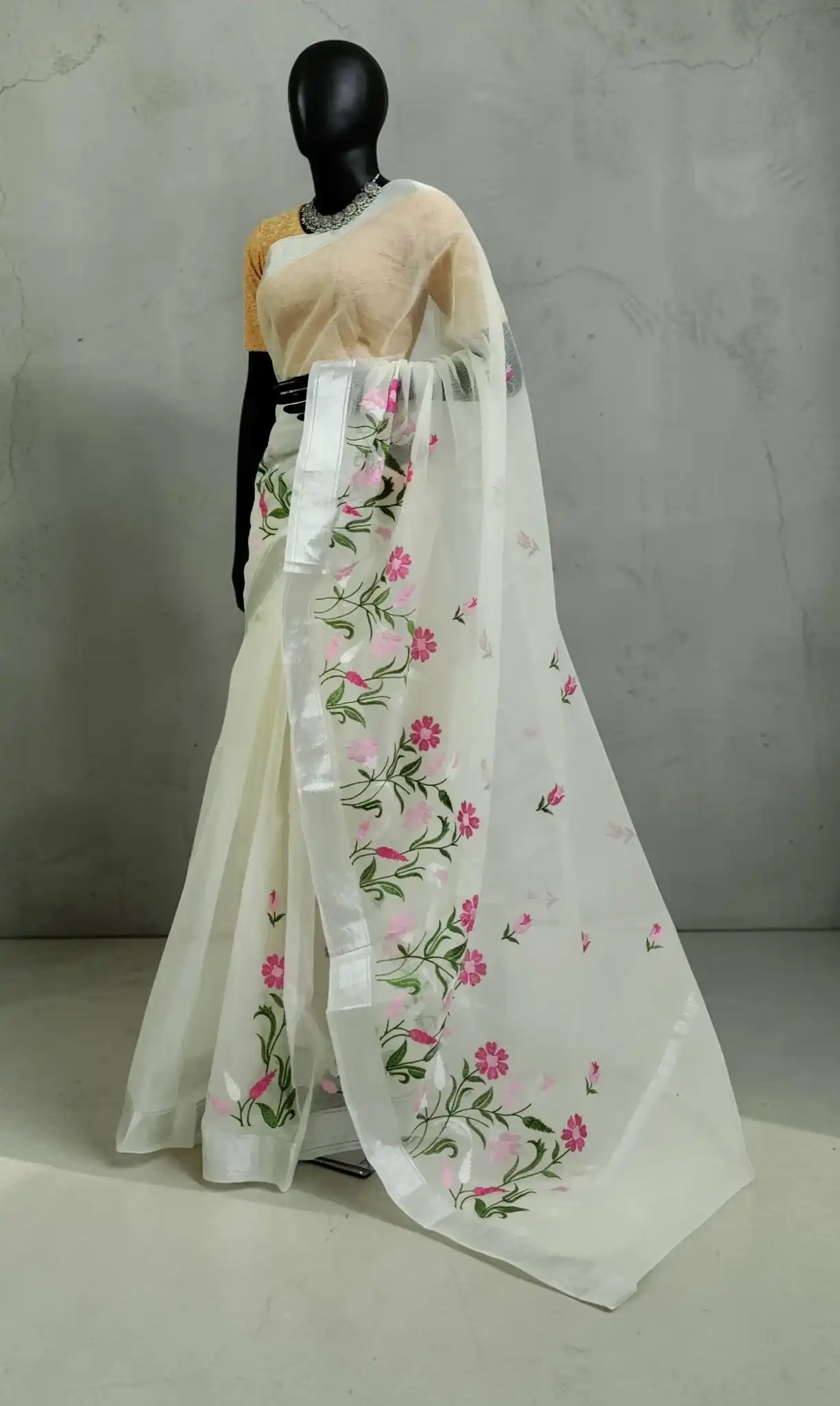 Ivory Cream Kota Doria Saree with Block-Printed Florals and Zari Border view 2