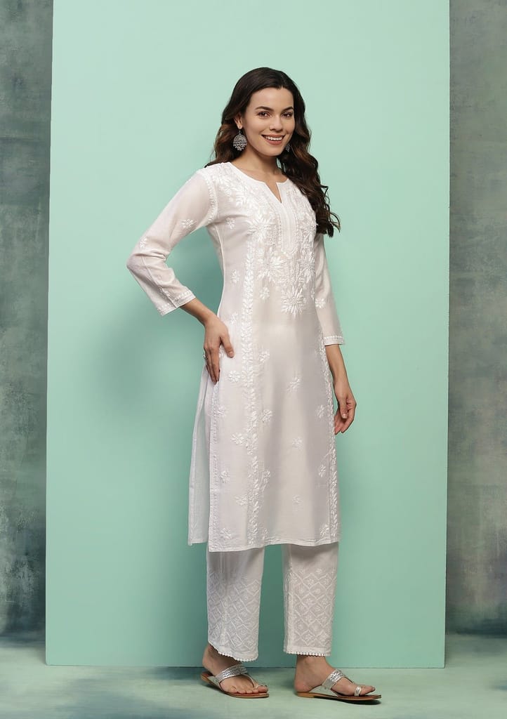 Chanderi Chikankari Solid Women's Long Kurta - White view 2