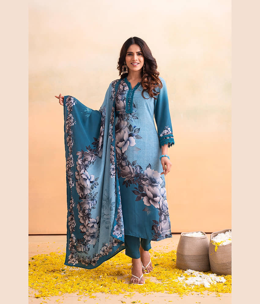 Juniper Women Polyester Printed Straight Kurti With Pants ( Blue )