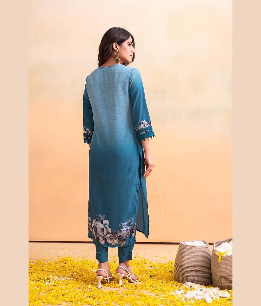 Juniper Women Polyester Printed Straight Kurti With Pants ( Blue ) view 2