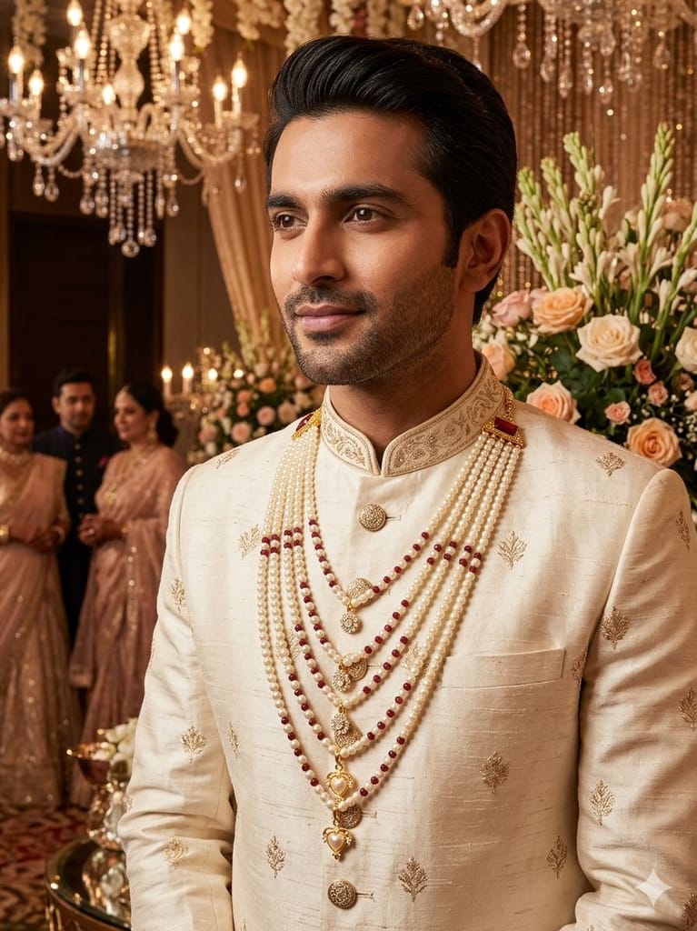 grand festive wedding mala for men multi-layerd red-accented pearl neckalce styled with sherwani view 2