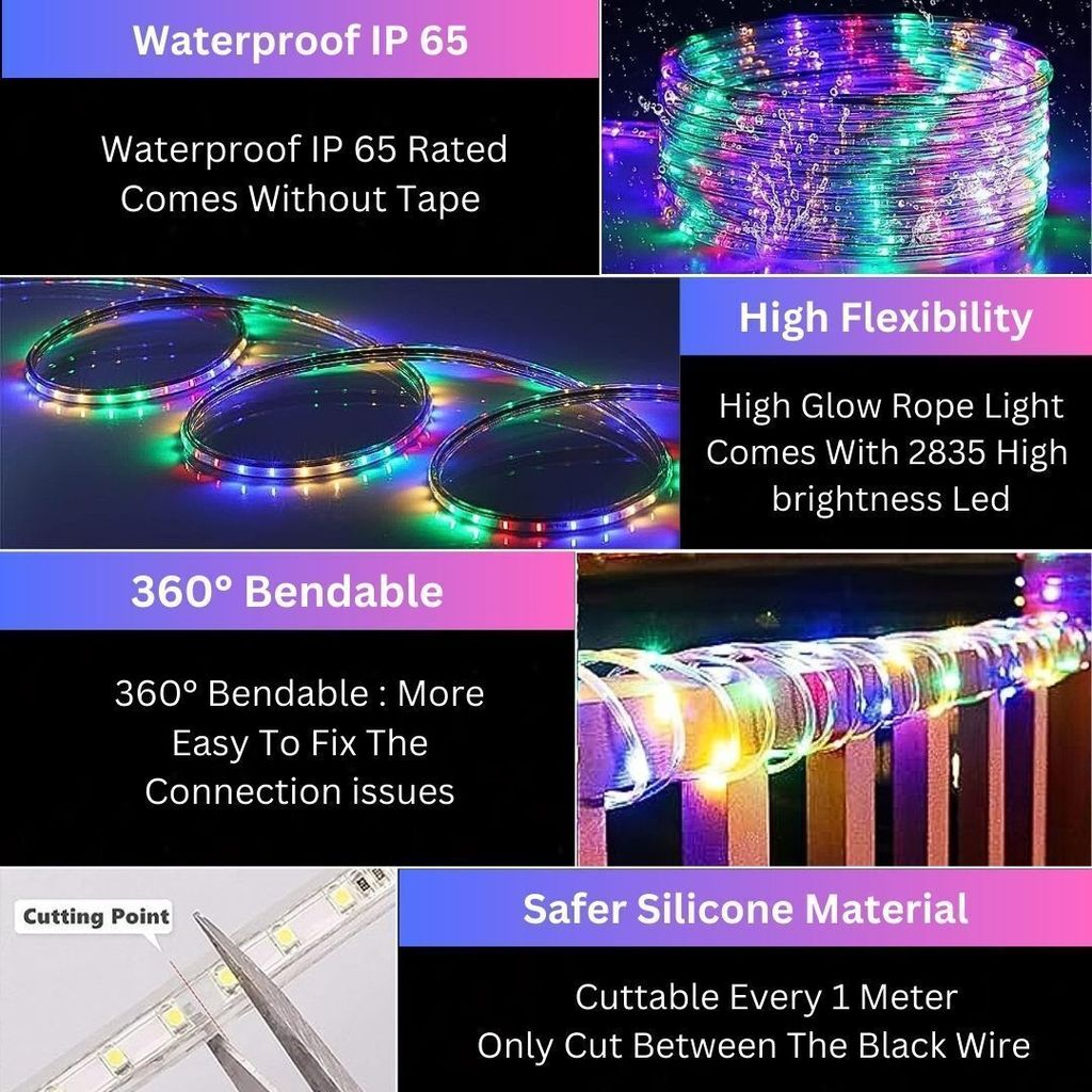 SPARKWORLD Multi-Color LED Neon Rope Light IP65 Waterproof Flexible Tube with 20-Mode Inline Controller & Mounting Clips | Size: 20 M view 2