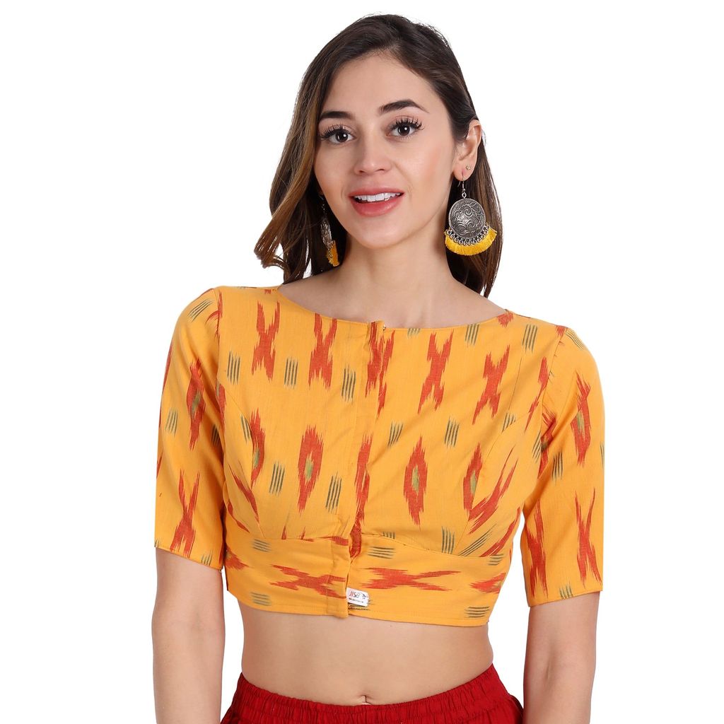 Ikkat Cotton Front Open & Princess Cut Elbow Sleeve Blouse, Yellow