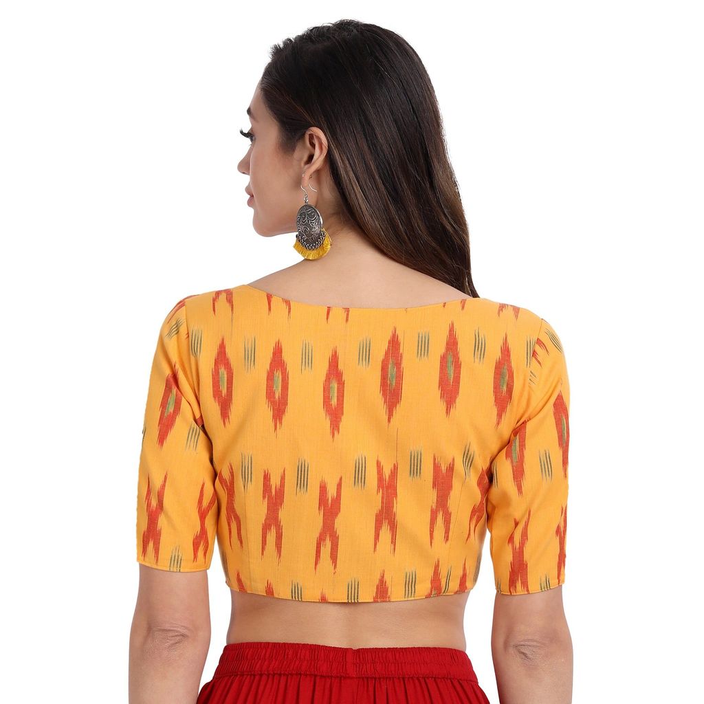 Ikkat Cotton Front Open & Princess Cut Elbow Sleeve Blouse, Yellow view 2