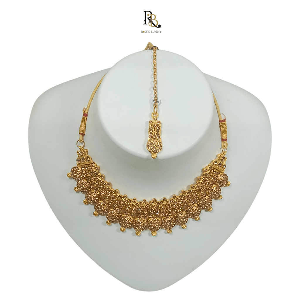 R&B Luxury Handcrafted Gold Plated Necklace Set with Earrings And Mangtika, AD Brown, Suited for Party Wedding Festive for Women view 2