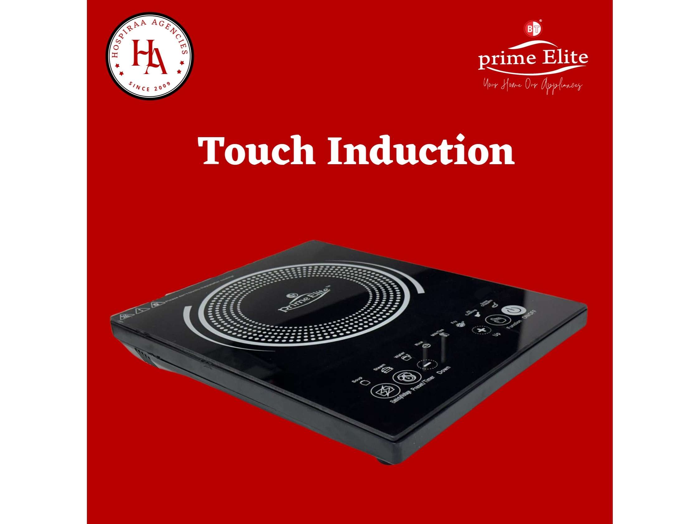 Prime Elite Touch Control Induction Cooktop 2000W Digital Display Sensor Touch Panel Preset Cooking Modes Timer Function Overheat Protection