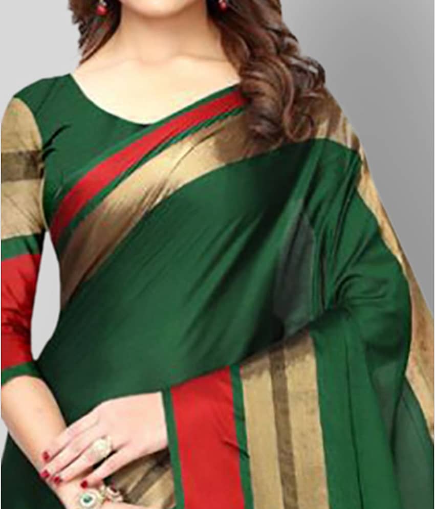 NightBlue Cotton Silk Saree With Unstitched Blouse Piece ( Green ) view 2