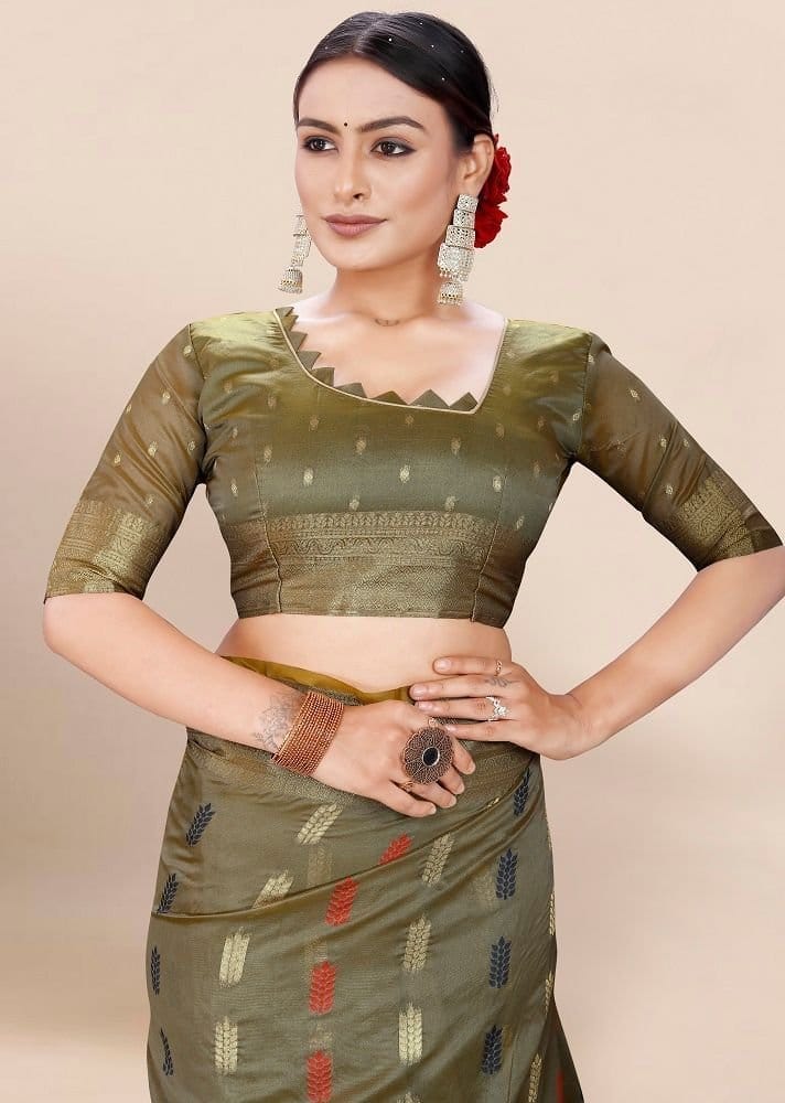 Woven Art Silk Saree in Olive Green view 2