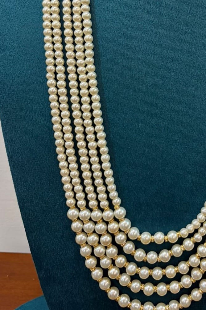 five layer white pearl mala with gold top design for groom and party wear view 2