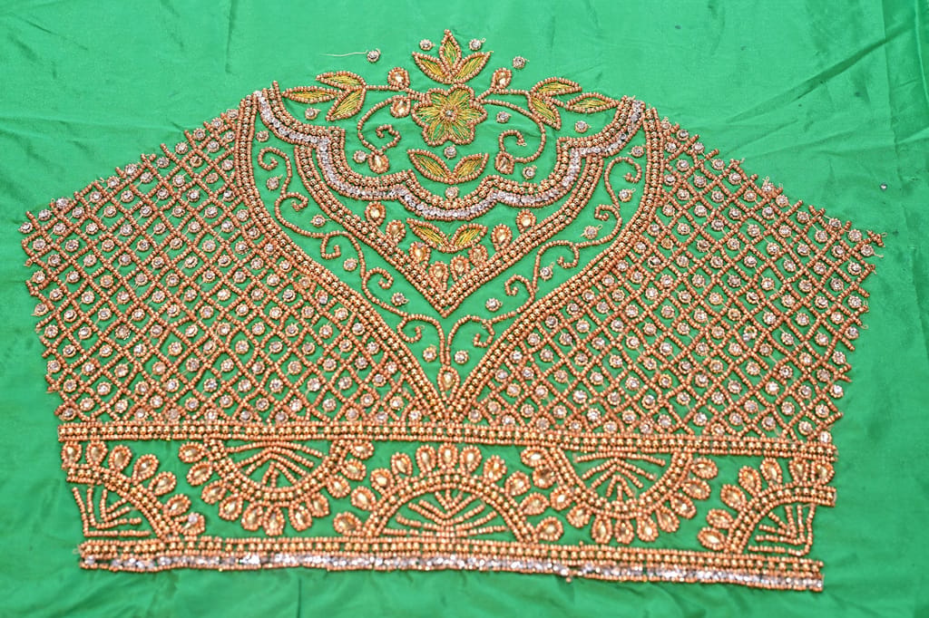 Green blouse with intricate zari and stone embroidery view 2