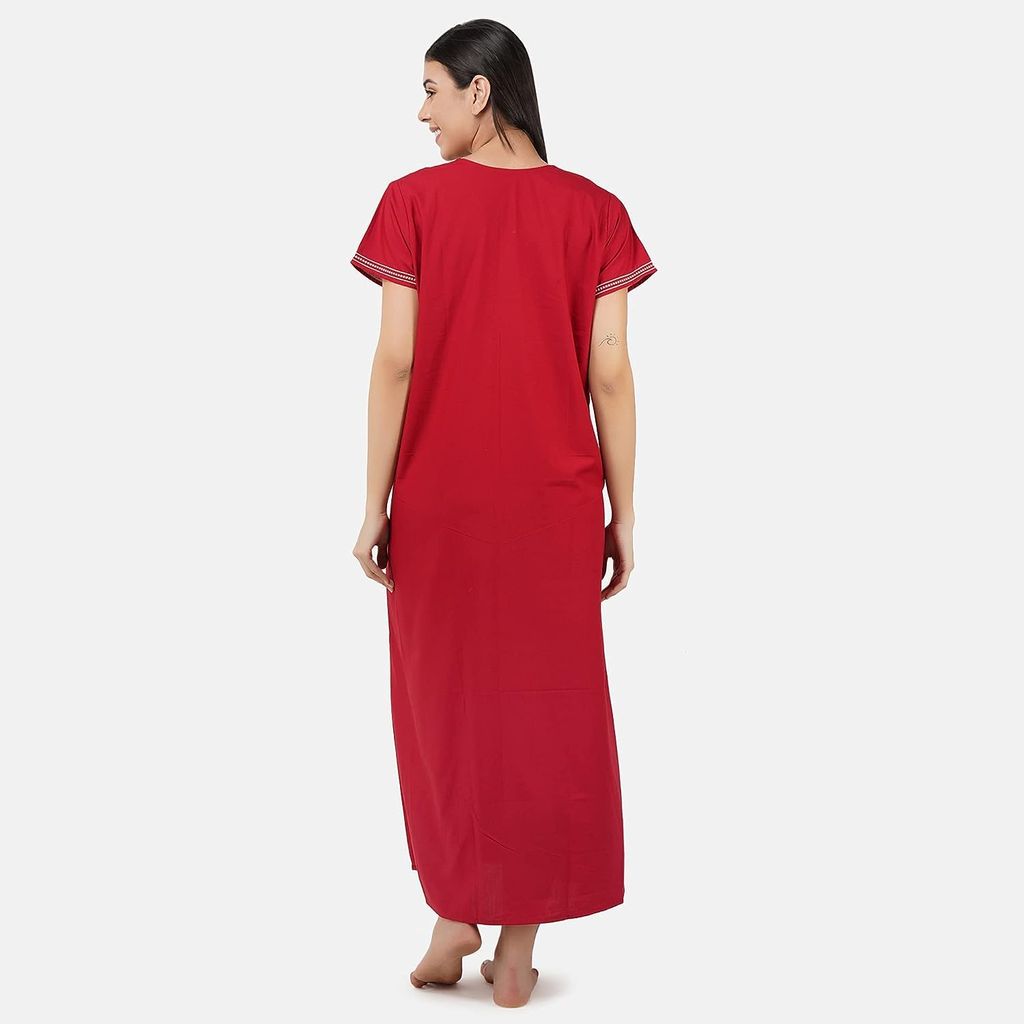 Valencia Premium Women Embroidery Nightgown LissyBissy Cotton Nighty Maxi Red view 2