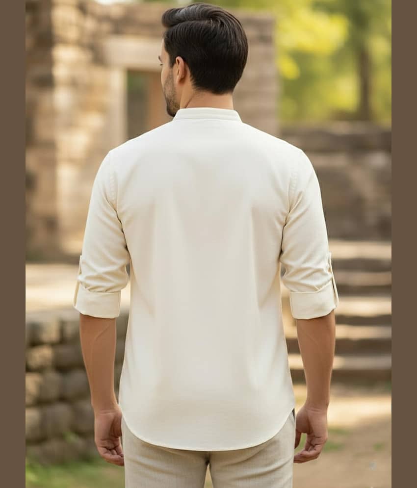 UNI VIBE Cotton Blend Plain Shirt Style Kurta For Men ( Beige ) view 2