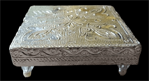 KAVALI Silver square pooja chowki with intricate carvings view 2