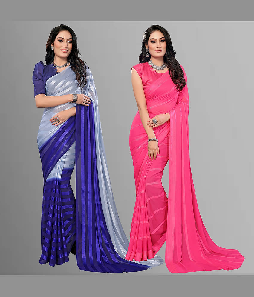 ANAND SAREES Satin Striped Saree With Unstitched Blouse Piece ( Multicolor )