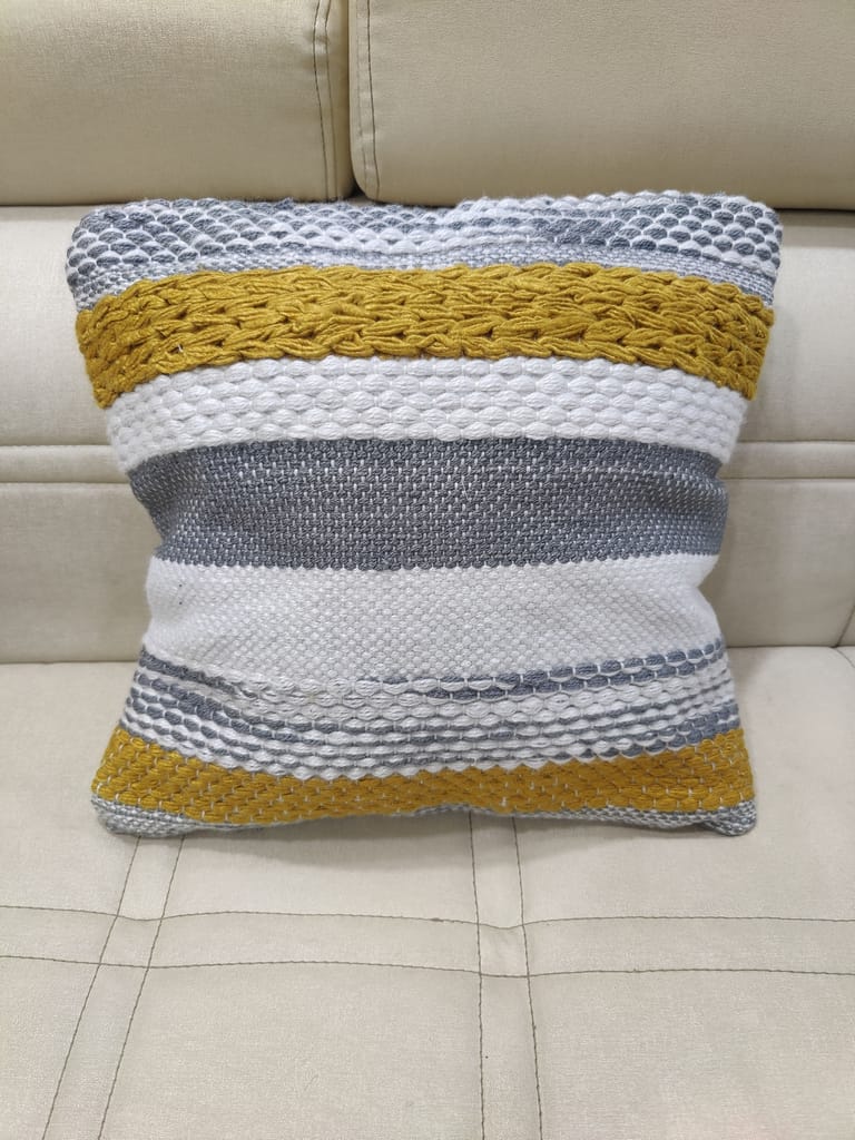 BulkySanta handtufted Cotton Cushion Covers for Sofa, 16 in x 16 in (2, Grey Yellow White) view 2