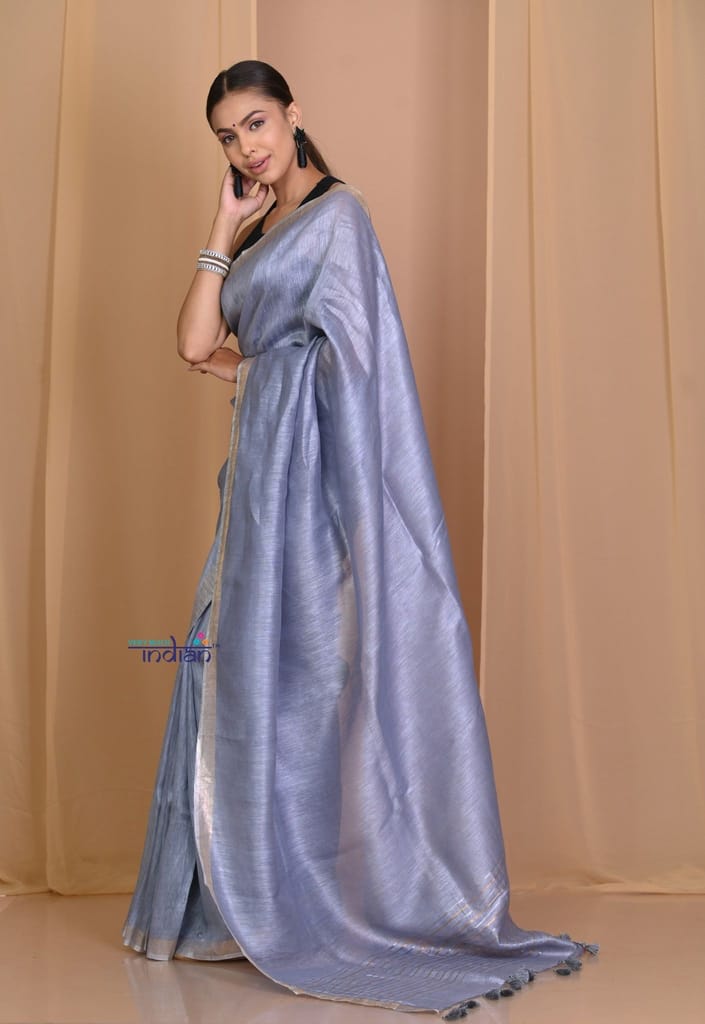 Pehal~ Authentic Grey Silk Linen Saree with Aesthetic Pallu. view 2