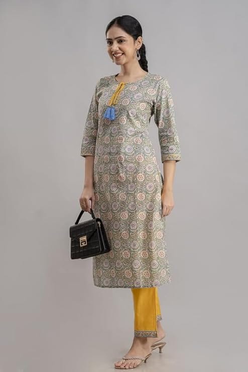 Yellow and Green printed kurti and pant set